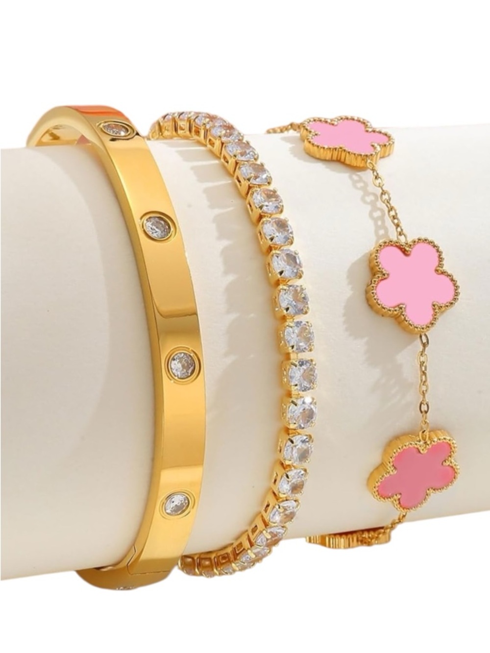 Stackable Pink Flower Bracelet Set 18K Gold Plated Zirconia Bangle Set
